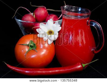 red juices in glasses and fruits and vegetbles