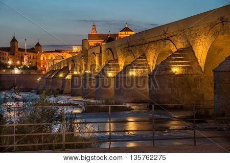 Ancient Roman Bridge in Cordoba with Cordoba mosque and cathedral in the background