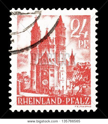 RHEINLAND - CIRCA 1948 : Cancelled postage stamp printed by Rheinland, that shows castle.