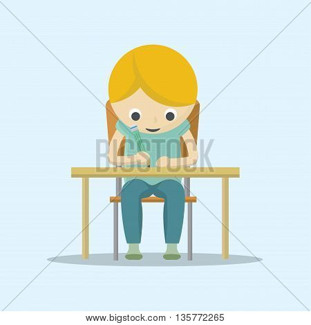 studying boy. illustration of a little boy writing.