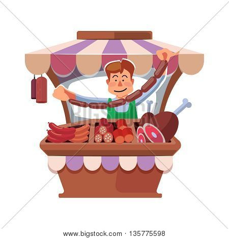Vector illustration in flat style of farmer selling fresh meat in local market. illustration isolated on white background.
