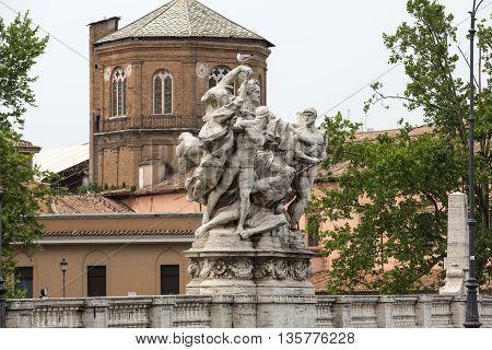 Sculpture at Vittorio Emanuele II Bridge Rome Italy.
