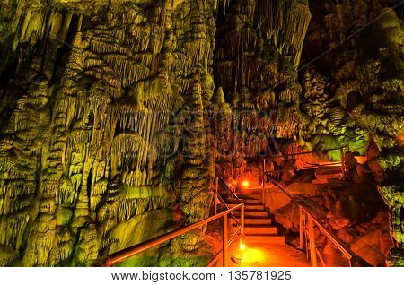Stalagmites in the Cave of Zeus on the Crete island in Greece.