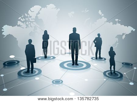 Global social networking concept with map abstract network and businesspeople silhouettes on light grey background