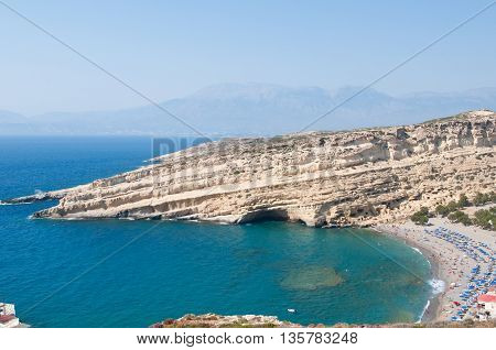 Panoramic view of Matala caves and Matala beach on Crete Greece.