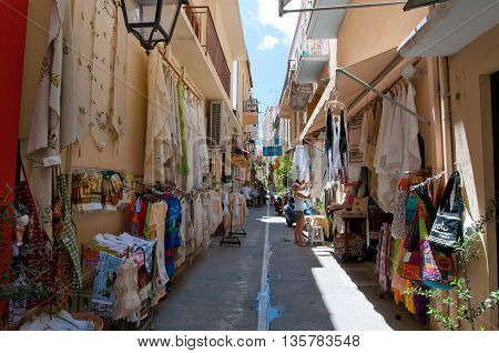 RETHYMNON CRETE-JULY 23: Shopping street on July 23 2014 in Rethymnon city on the island of Crete Greece.