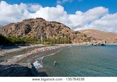 CRETEGREECE-JULY 23: Idyllic Preveli Beach on July 232014 on Crete Greece. The beach of Preveli is situated 40 km south of the main town and is the most idyllic beach in Crete.