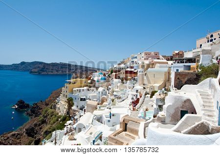 Oia looking north towards the Therasia island on the island of Thera (Santorini) Greece.