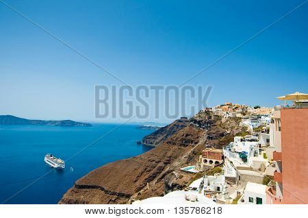 View of Fira on the edge of the caldera. Santorini (Thera) Greece.