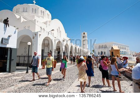 SANTORINIFIRA-JULY 28: Fira cathedral on July 282014 in Fira town on Santorini Greece. Fira is the modern capital of the Greek Aegean island Santorini.