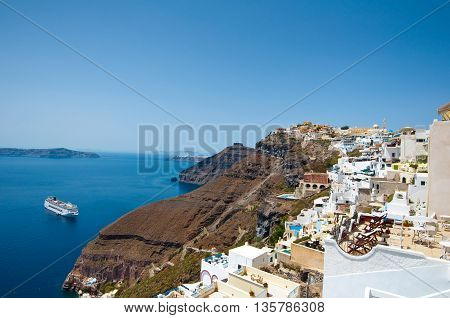 Panoramic view of Fira on the island of Thera(Santorini) Greece.