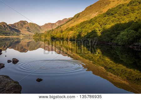 The perfectly-tranquil waters of Llyn Crafnant disturbed only by concentric ripples