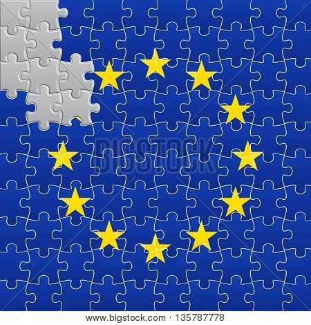 Vector illustration of European Union flag divided on jigsaw puzzle pieces with one star muted gray symbolizing BREXIT EPS 10