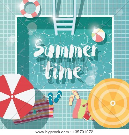 Swimming pool top view summer time holiday vacation clear water with parasols vector illustration