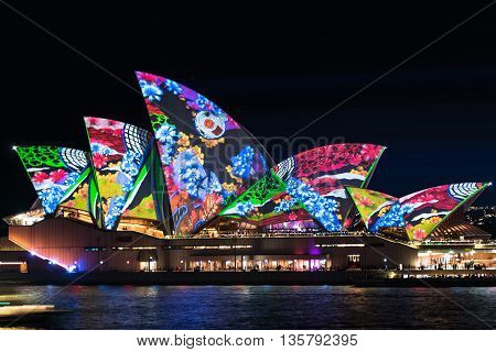 Sydney Australia - May 27 2016: Lighting the Sails Songlines is Sydney Opera House illumination on annual outdoor lighting festival Vivid Sydney