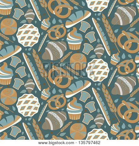 Seamless Pattern For Bakery Theme With Bread,loaf, Croissant, Cupcakes, Pretzel And Spike. Vector Il