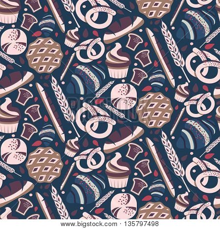 Seamless Pattern For Bakery Theme With Bread,loaf, Croissant, Cupcakes, Pretzel And Spike. Vector Il