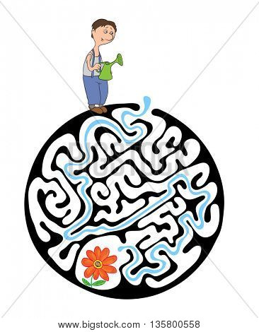 Maze puzzle for kids with gardener and flower. Labyrinth illustration, solution included.