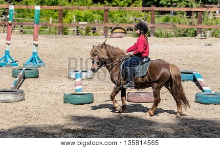 Horseback riding lovely equestrian - little girl is riding a horse