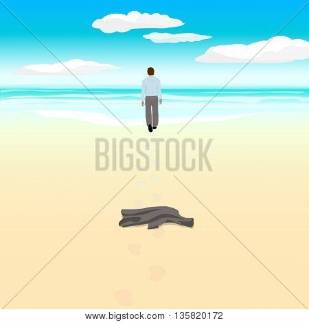 Beach. Man goes to the sea on the beach. Vector illustration.