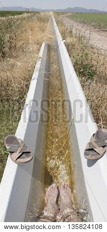 Man feet refreshing in a cool irrigation canal during the hottest day hours. Vertical panoramic
