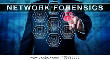 Attorney pushing NETWORK FORENSICS on an interactive virtual touch screen monitor. Law enforcement metaphor and information technology concept for computer forensics focused on the internet traffic.