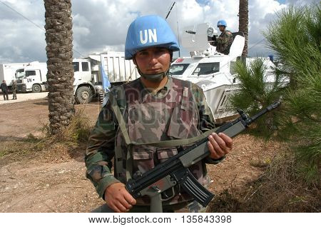 TYR, LEBANON-OCTOBER 21, 2006: Unidentified Turkish UN vehicle on patrol on October 21, 2006 in Tyr, Lebanon