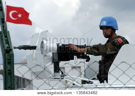 TYR, LEBANON-OCTOBER 21, 2006: Unidentified Turkish UN vehicle on patrol on October 21, 2006 in Tyr, Lebanon