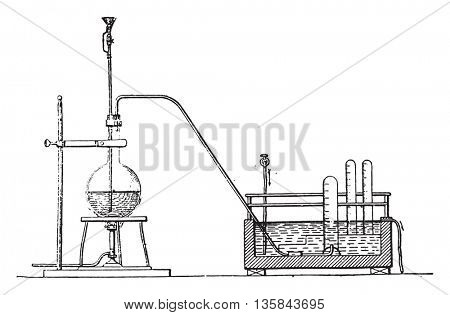Schloesing apparatus for the determination of the ammoniacal nitrogen, vintage engraved illustration. Industrial encyclopedia E.-O. Lami - 1875.