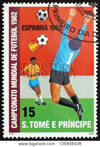 SAO TOME AND PRINCIPE - CIRCA 1982: a stamp printed in Sao Tome and Principe shows Goalie Catching Ball from Emblem in Front of Goal circa 1982