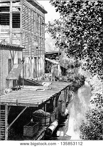 The Gobelins Garden on the edge of the Bievre River in Ile-de-France, France. Vintage engraving.