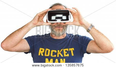 Mature Man Wearing Virtual Reality Googles / Vr Glasses