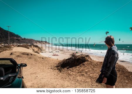 Girl And Oceanview From California Coast, United States