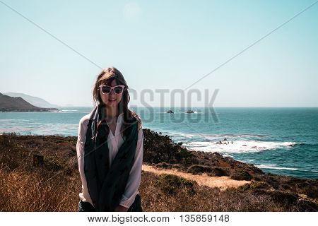 Girl And Oceanview From California Coast, United States