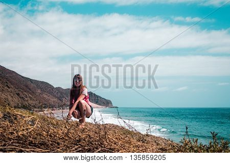 Girl And Oceanview From California Coast, United States