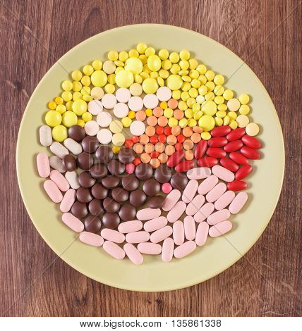 Colorful Medical Pills, Tablets And Capsules On Plate, Health Care Concept