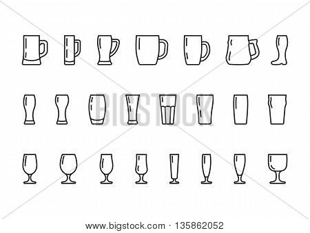Beer glasses and mugs, vector line icons set