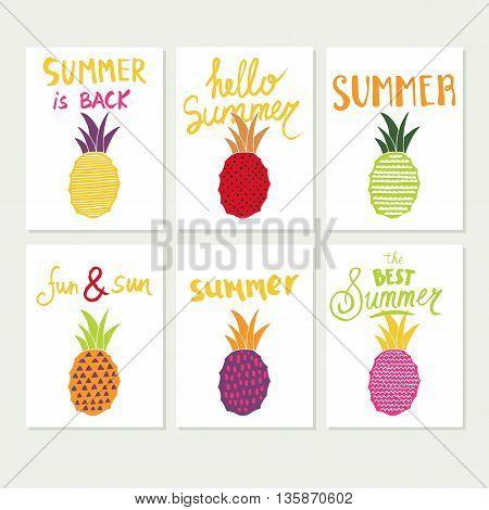 Modern summer cards set. Hand drawing pineapple and lettering for web and graphic design