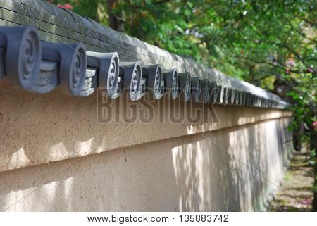 Roof on the wall in Japanese temple. Selective focus.