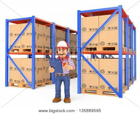 3d working people illustration. Storekeeper checking pallets in the warehouse. Isolated white background