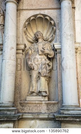Architectural details of Saint Pyotr's church - cathedral church of Roman Catholic Diocese of Riga Latvia Europe. For the first time Saint Peter's church is mentioned in chronicles of 1209