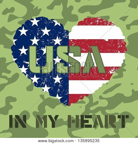American flag as heart shaped symbol. Patriotic Typography Graphics. Mans T-shirt Printing Design. Fashion Print for sportswear apparel. Grunge and military style. Vector illustration