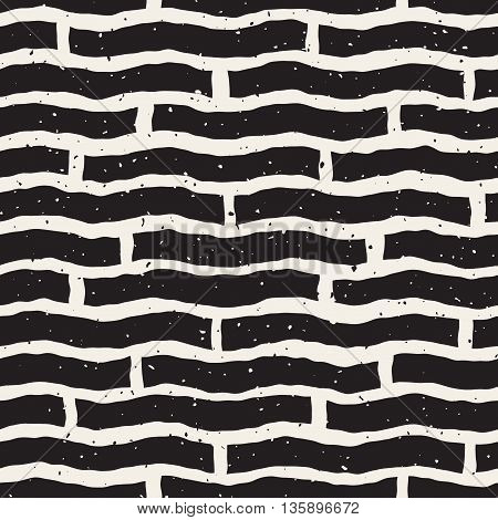 Vector Seamless Black And White Hand Drawn Horizontal Wavy Lines Grunge Pattern. Abstract Freehand Background Design
