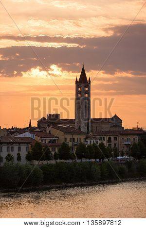 Verona Italy - May 07 2016: The tower of San Zeno Basilica at sunset time