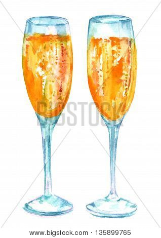 A watercolor drawing of two flute glasses of sparkling wine hand painted on white background