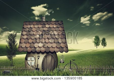 Beauty farmland and house. Abstract fairy tale backgrounds. Retro style for your design, not 3D rendered