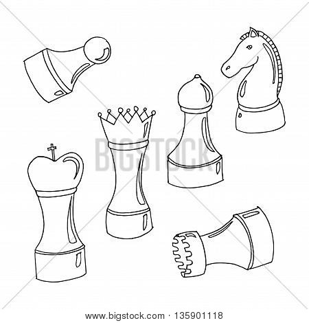 Set of chess. International Chess day. Hand drawn vector stock illustration. Black and white whiteboard drawing.