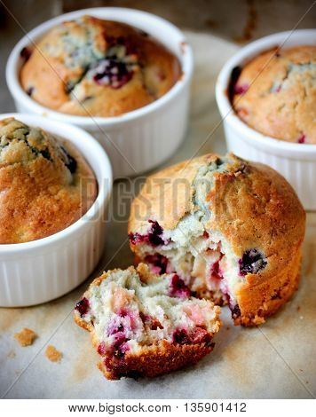 Homemade muffin cake with blueberries selective focus