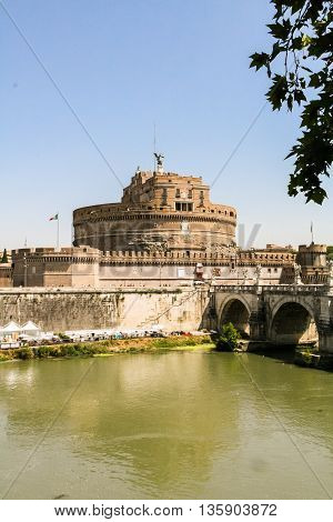 Mausoleum of Hadrian Castel Sant'Angelo and Eliyev bridge over the River Tiber in Rome.