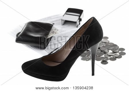 Elegant high heel shoe business documents wallet with paper money one polish zloty coins pen and rubber stamp. Businesswoman concept on white background.